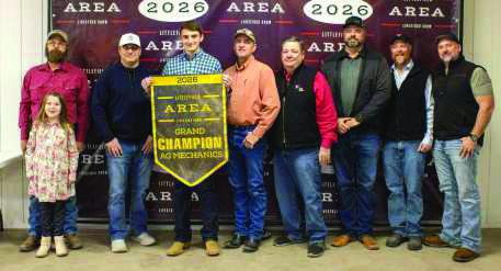Ag Mechanics Grand Champion Hayden Hardin poses with buyers from First United Bank, Lance Insurance, Lamb County Farm Bureau, Sawyer Construction, Lamb County Electric Co-Op, Jeff and Jennifer Edwards, Texas Producers Co-Op, Hill's Service Center, Mike Campbell Electric, 2W Cattle Co., Lowe's and 2-Step Cattle.