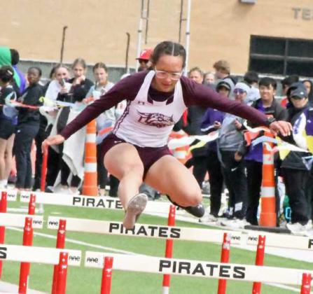 Littlefield’s Myli Hernandez, competes in the women’s 100-meter hurdles at the District Track meet at Lubbock-Cooper on Thursday. (Staff Photo by Derek Lopez)
