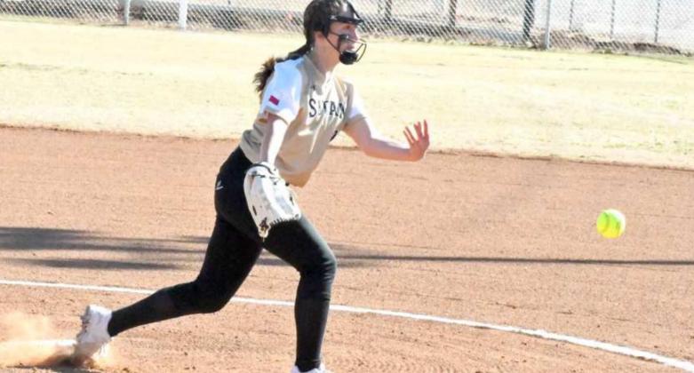 GETTING THE WIN - Sudan’s Angelina Thorn pitched a complete game in the circle on Thursday, as the Nettes picked up their first win of the season over Crosbyton, 22-21, in their home-opener. (Staff Photo by Derek Lopez)