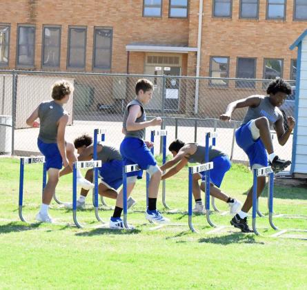 The Olton Mustangs’ varsity football team was putting in work on the field and in the weight room during the second day of two-a-days on Tuesday. (Staff Photo by Derek Lopez)