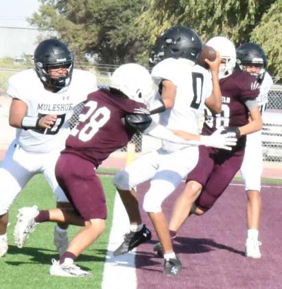 SAFETY - The Littlefield JV defense forced a safety, during their season-opening victory over the Mules last Thursday at Wildcat Stadium. (Staff Photo by Derek Lopez)