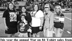 This year the annual War on 84 T-shirt sales from Muleshoe and Littlefield combined to raise $1,558.69. (Shown): Muleshoe Booster Club President, Courtney Harris, Veronica Tino, Gabby Soliz, Littlefield Booster Club representatives, Trisha Nelson and Alee McNeese. (Staff Photo by Derek Lopez)