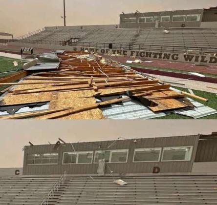 The strong winds that rolled through the region on Friday did some redecorating at Wildcat Stadium, taking off the room of the press box. Shown is the press box roof laying on the 50-yard line. (Submitted Photo)