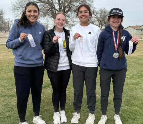 The Springlake-Earth Lady Wolverines’ varsity golf team took third place at the Lamb County Invitational on Wednesday that was hosted by Lazbuddie in Olton. (Shown): Hannah Alvarez, Braylee Herriage, Emmah Mosqueda and Taytum Goodman. (Submitted Photo)