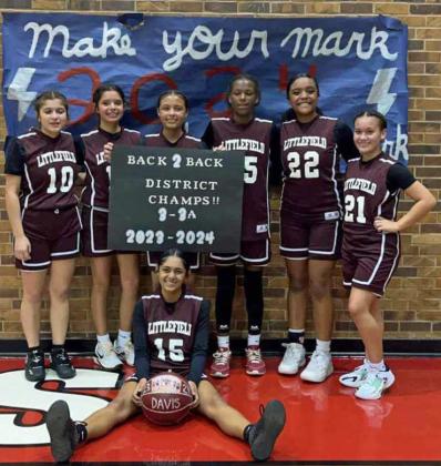 BACK-TO-BACK DISTRICT CHAMPS - The Littlefield Lady Cats eighth grade A basketball team won their second cosecutive district 3-3A championship on Monday night with a win at Friona, finishing the district schedule with a mark of 11-1. (Back L-R): Abby Rodriguez, Kaelyn Salazar, Madison Williams, Amoni Jefferson, Nia Cleveland and Isaihla Garza. (Front): Aubree Richardson. (Submitted Photo)