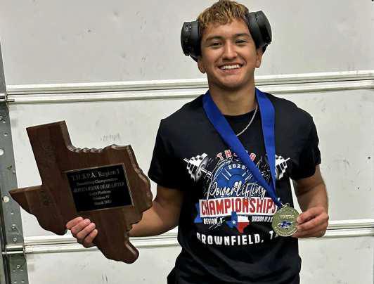 Olton’s Jaime Reyna placed second in his weight class at the Class 2A Regional Powerlifting Meet in Brownfield on Thursday, where he also earned Outstanding Deadlifter, light platform. Reyna broke the Region I Division IV deadlift record with a lift of 410 lbs. Reyna qualifies for the State Powerlifting Meet, which will be held in Abilene on March 21st and 22nd. (Submitted Photo)