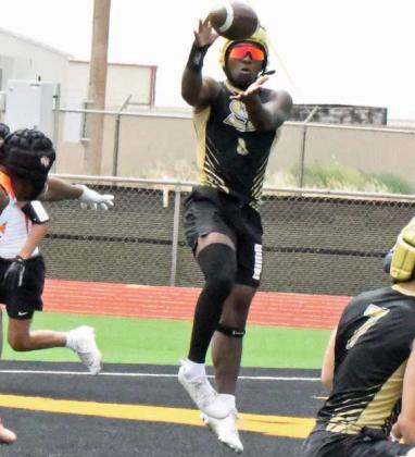 Marcello King catches a touchdown pass from quarterback, Caleb Groetken, during their 7v7 match-up against Wink on Saturday in Sudan. (Staff Photo by Derek Lopez)
