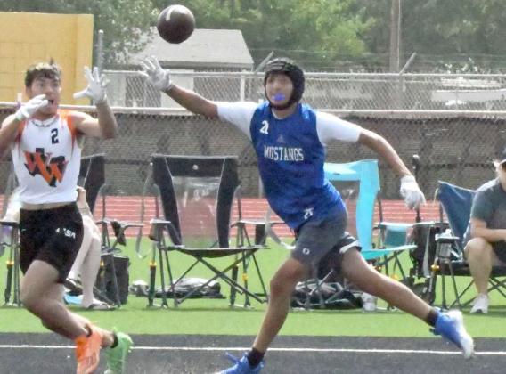The Olton defense breaks up a pass in the endzone, during their 7v7 game against the Wink Wildcats on Saturday in Sudan. (Staff Photo by Derek Lopez)