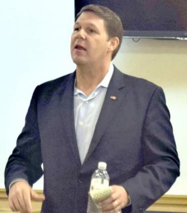 U.S. REPRESENTATIVE JODEY ARRINGTON addresses Lamb County residents at the Lamb County Courthouse on Friday. The Representative spoke of the fragility of freedoms, current events, energy and the importance of voting. (Photo by Ann Reagan)