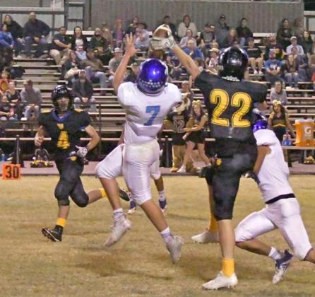 GOING THE OTHER WAY – Amherst sophomore, Gabriel Garcia, comes away with an interception midway through the third quarter of the Budllogs’, 56-8, road victory over Wellman-Union on Friday night. (Staff Photo by Derek Lopez)