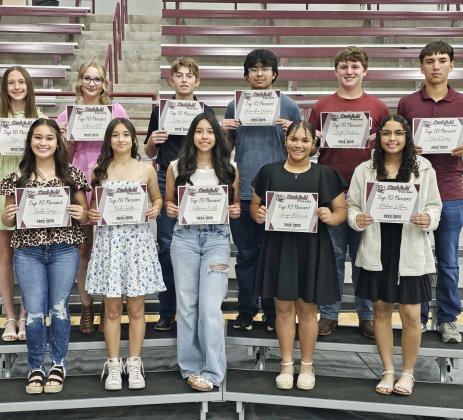 Freshmen Top 10%: (Top L-R): Piper Carr, Katharina Hill, Craig Jennings, Max Martinez, Jayton Parchman, Sammy Saenz. (Front L-R): Isaiahla Garza, Bailee Griffin, Adrianna Caudillo, Amaya McCanick and Madison Williams. (Staff Photo by Derek Lopez)