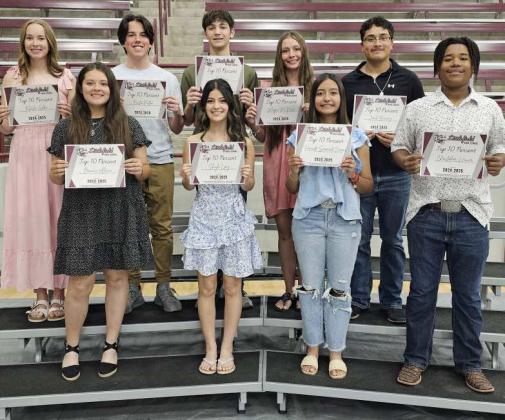 Sophomore Top 10%: (Top L-R): Rhealee Golden, Boston Haltom, Ky Hays, Maggie McNeese and Jonah Ramirez. (Front LR): Breanna Aleman, Shayla Lepez, Fernanda Sarmiento-Larrea and CJ Weaver. (Staff Photo by Derek Lopez)