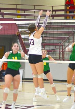 Littlefield’s Maggie McNeese goes up for a block, during their district match-up on Tuesday in Littlefield. (Photo Courtesy of Trisha Nelson)