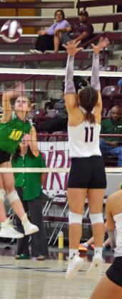 Littlefield’s Myli Hernandez goes up for a block against Idalou’s Hadley Underwood, during their district match-up on Tuesday in Littlefield. (Photo Courtesy of Trisha Nelson)