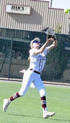 GETTING TO THE BALL - Littlefield senior center fielder, Mykenzie Price, runs up to catch a short fly ball in shallow center field, during the Lady Cats, 12-2, run-rule victory over the Denver City Fillies on Tuesday on senior night at Lady Cat Field. (Staff Photo by Derek Lopez)