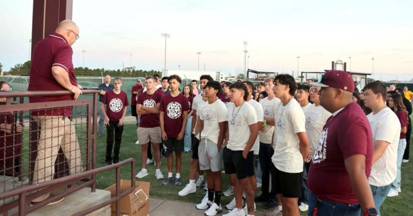Coach Blake Green welcomes the Littlefield High School 2024-2025 Senior Class to the Senior Sunrise event held at the Wildcat Stadium on Wednesday, August 21, 2024. (Photo by Ann Reagan)