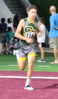 FINISHING STRONG – Springlake-Earth senior, Josh Samaron, runs hard at the West Texas A&amp;amp;M Twilight Run this week, as he finished fifth individually in his first meet of the season. (Submitted Photo)