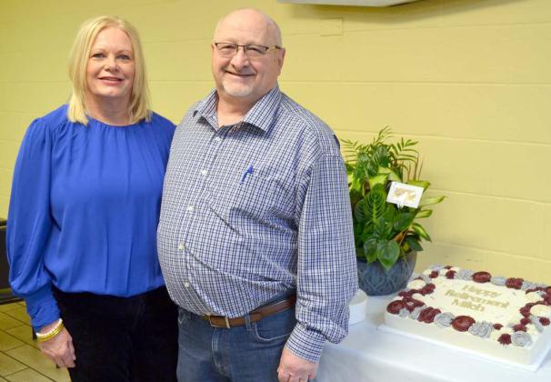Mitch and Joy Grant pose for a picture, at Mitch Grant’s retirement party at Loco’s on Wednesday. Grant retires after eight years of service as the City Manager in Littlefield. (Staff Photo by Grata Reber)