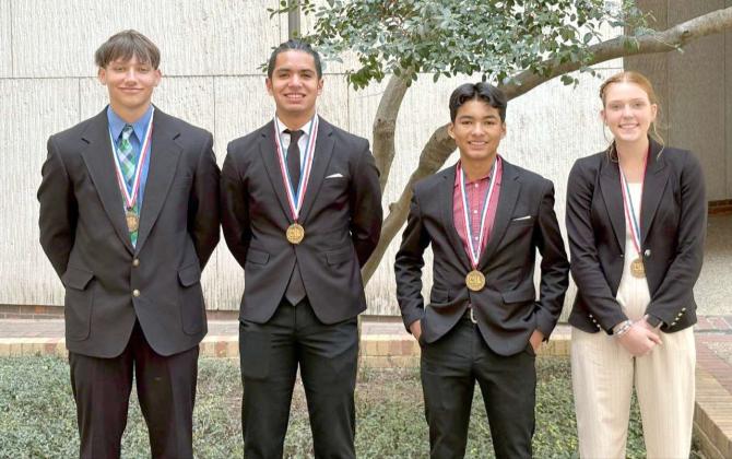 Springlake-Earth’s CX Debate team competed at the State Meet on March 17th and 18th at the University of Texas at Austin, coming up just one vote short of making the semi-finals. (Shown L-R):Tyler Tanaro and Nehemiah Castillo and Josiah Castillo and Caydee Humphrey. (Submitted Photo)