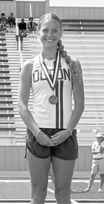 Olton’s Amie Beelitz placed first in the women’s long jump and second in the women’s high jump, qualifying for Regionals in both events, at the Area Track Meet on Friday, which was held at Abernathy High School. (Submitted Photo)