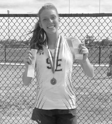 Springlake-Earth’s Caydee Humphrey placed first in discus and fourth in both the 100 and 300-meter hurdles, qualifying for Regionals in all three events. (Submitted Photo)