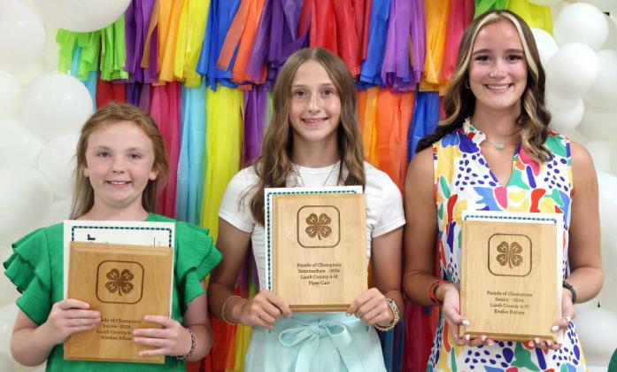 Parade of Champions Award recipients were Kimber Albus- Junior Division, Piper Carr- Intermediate Division, and Kealee Bussey- Senior Division at the Lamb County 4-H Banquet held on Saturday, August 17, 2024 at the Littlefield Ag Center. (Photo by Ann Reagan)