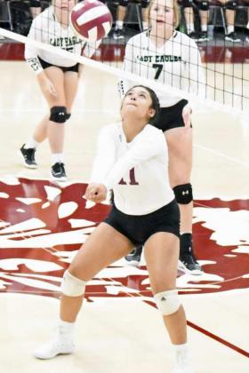 GETTING UNDER THE BALL – Littlefield senior, Danielle Zapata, hits a ball up in the air, as the Lady Cats look to set up an attack against the Ropes Lady Eagles on Saturday during their first game of bracket play at their tournament. (Staff Photo by Derek Lopez)