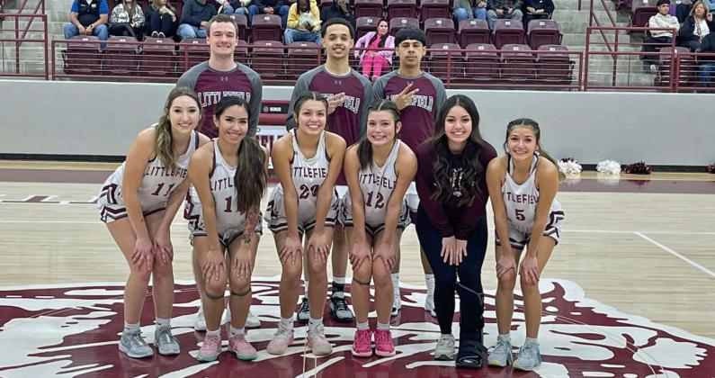 The Littlefield Wildcats and Lady Cats’ basketball teams celebrate senior night on Tuesday, as both teams earned victories over Dimmitt at Wildcay Gym. (Front L-R): Marysa Saenz, Nevaeh Esquibel, Ari Castillo, Cali Saldana, Bri Valdez and Bri Martinez. (Back L-R): Chip Green, Ryan Williams and Caden Reyes. (Not Pictured): Kam McCarty and Eizeah Coleman. (Staff Photo by Derek Lopez)