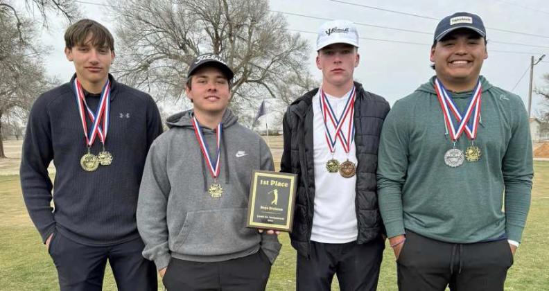 The Springlake-Earth Wolverines’ Gold team won the Lamb County Invitational on Wednesday that was hosted by Lazbuddie in Olton. The Wolverines took first and second place overall in the team standings and had the top five boys individual scores as well. (Shown): Tyler Tanaro, Braden Bradley, Slade Beerwinkle and Xavyer Mosqueda. (Submitted Photo)