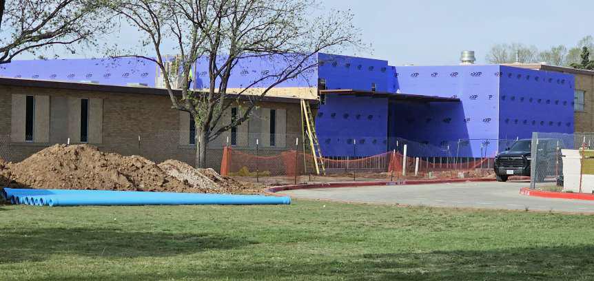 The construction at the new junior high is coming along well. All of the interior framing should be done next week. They have to reinforce a bunch of joints for the rooftop units and that should be done by next week. The HVAC duct work should be done by the end of this month, and a fire/sprinkler system is about three or four weeks out. The roof tying in of the new building is looking to be done next week. (Staff Photos by Derek Lopez)