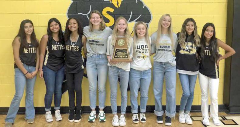 DISTRICT RUNNER-UPS – The Sudan Nettes’ varsity cross country team placed second overall at the district 4-2A Cross Country Meet at Lubbock Christian University on Monday. (Shown): Aubrey Lopez, Emma Armstrong, Carly Groetken, Isaura Jimenez, Kalissa Harris, Lillianna Sanchez and Claire Kerby. (Submitted Photo)