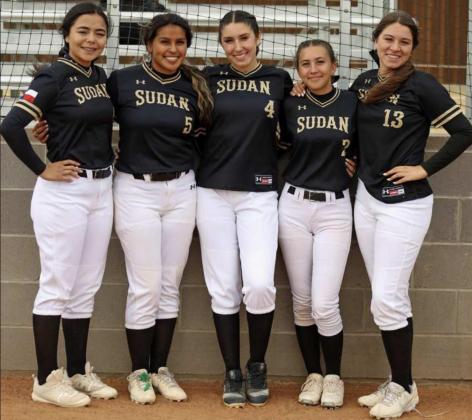CELEBRATING SENIOR NIGHT WITH A WIN -- The Sudan Nettes' run ruled the Lockney Lady Horns on Tuesday, 14-4, in six innings to claim the senior night victory. Shown are the five seniors who were honored on senior night: (L-R) Hailey Flores, Lizseth Sital, Heidi Pinon-Muniz, Elora Thorn and Olivia Montes. (Submitted Photo)