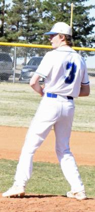 Olton senior, Cole Montgomery pitched six innings in relief on Monday, during the Mustangs’ district-opener at home against Hale Center. The senior struck out six, while giving up two walks and six runs in the outing. (Staff Photo by Derek Lopez)