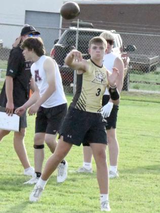 Sudan’s JV quarterback, connects on a short route looking to pick up positive yardage, during the Hornet’s 7v7 match with Littlefield on Monday evening. ( Staff Photo by Derek Lopez)