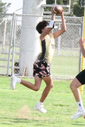 Sudan’s JV defensive back picks off Sundown in the endzone for the Hornets, during their 7v7 match-up with the Roughnecks in Littlefield on Monday evening. ( Staff Photo by Derek Lopez)