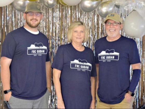 FIRST BAPTIST CHURCH STAFF -- Left to Right Caleb Swofford, Youth Minister, Nancy Legg, Secretary, and Mike Woods, Pastor of FBC Sudan. (Photo by Ann Reagan)