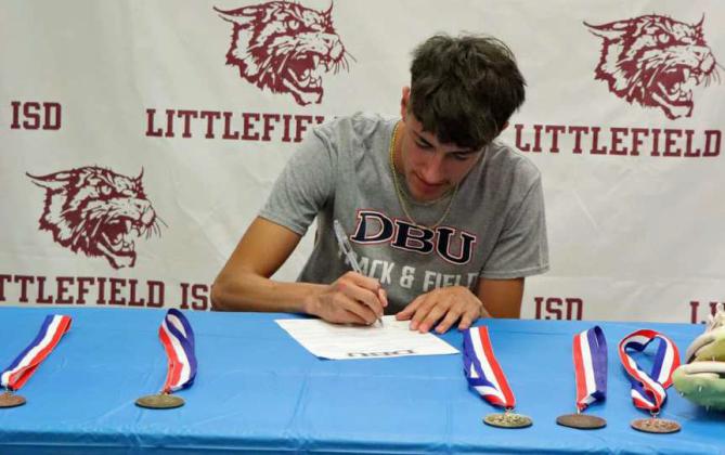 Littlefield senior, Omar Martinez, signed his Letter of Intent to continue his track and academic career at the Collegiate level at Dallas Baptist University. Martinez signed in the LHS Library during a small ceremony, surrounded by family, friends and classmates. (Submitted Photo)
