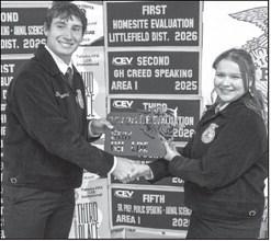 Tate Clark presents Brenna Lowe with the GH Leadership Development Events Star award at the Littlefield FFA banquet on May 18, 2026.