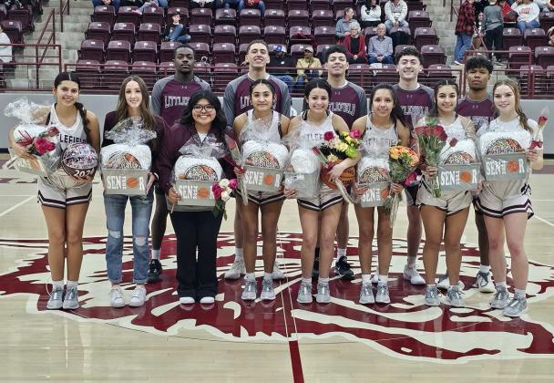 The 2023-2024 Littlefield Basketball seniors were honored on Friday between games at Wildcat Gym. (Back L-R): Ja’Den Williams, Sir Pratt, Jeremiah Trevino, Josiah Garcia and MJ Randle. (Front L-R): Danica Jouett, Chloe Sawyer, Mackenzie Flores, Amiah Elizondo, Jasmine Castillo, Jazmine Rosalez, Arianna Cruz and Kennadi Hanlin. (Not Pictured): Cheerleader, Lindsay Coffman. (Staff Photo by Derek Lopez)