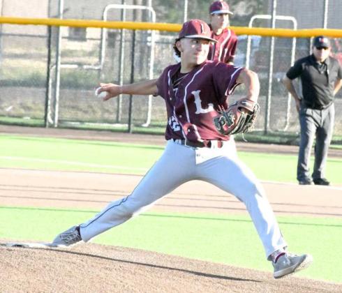DEALING ON THE MOUND - Littlefield sophomore pitcher, Ian Mendez, goes toward the plate looking for a strike, during the Wildcats, 19-1, game one victory over Stanton in their Bi-district play-off series in Lamesa this past weekend. (Staff Photo by Derek Lopez)