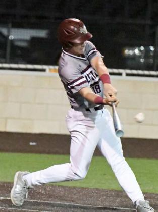 Littlefield senior, Bradyn Redman, rips a triple to the left-center field fence for a triple in the bottom of the first inning of the Wildcats’ victory over Sundown on Monday at Wildcat Field. (Staff Photo by Derek Lopez)