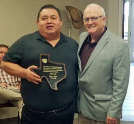 During the Public Forum portion of the LISD School Board Meeting on Tuesday Afternoon, Superintendent Mike Read presented Adrian Solis with a plaque for his 13 years of service on the Littlefield Independent School District Board of Trustees. (Staff Photo by Derek Lopez)