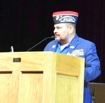 BENNY GUERRERO, JR. US Marine Ret. addresses the audience at the 33rd Annual Veterans Memorial service held at Sudan High School on Monday, May 15, 2023. (Photo by Ann Reagan)
