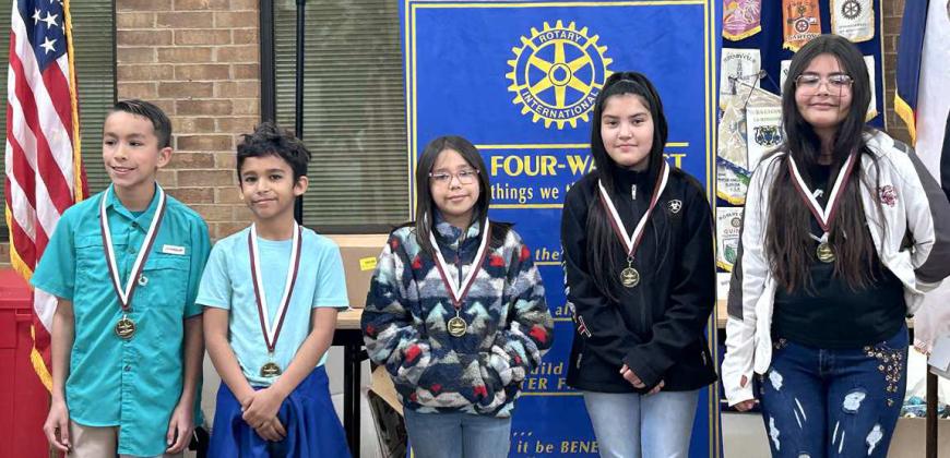 ROTARY WRITERS—These fourth grade students at Littlefield Elementary Sschool, were honored for being the most improved students in their classes during the fourth six weeks. They are, left to right, Zayden Lopez, Ms. Villanueava; Draven Hernandez, Ms. Reyna, Tatiana Ibarra Jasso, Ms. Mitchell; Karlie Lopez, Ms. Jimenez; and Avary Carrasco, Ms. Jenkins. Rotary President Kay King presented the award medals. (Rotary Photo)