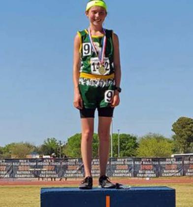 THREE EVENT STATE QUALIFIER – Springlake-Earth freshman, Taytum Goodman, placed first in the varsity girl’s 800-meter run with a time of 2:18.23 and in the varsity girl’s 1,600-meter run with a time of 5:16.26. She also qualified in the varsity girl’s 400-meter dash placing second with a time of 1:00.12 at the Region I-1A Track Meet at South Plains College. (Submitted Photo)