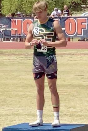 110 AND 300-METER HURDLE STATE QUALIFIER – Springlake-Earth sophomore, Braxton Ethridge, placed first in the varsity boy’s 110-meter hurdles with a time of 15.44 and in the varsity boy’s 300-meter hurdles with a time of 40.29 at the Region I-1A Track Meet at South Plains College. (Submitted Photo)