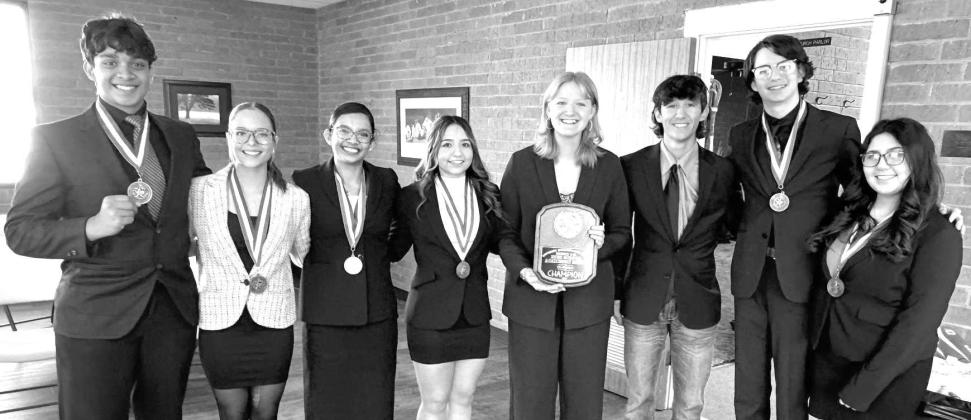 The Sudan Cross-Examination and Debate teams won their 14th consecutive District Championship, advancing to STate in March. (L-R): Andrew Godwin, Piper Pool, Angelina Godwin, Alissa Montes, Rebekah Jones, Kaine Carroll, Caden Edens and Bethani Magby. (Submitted Photo)