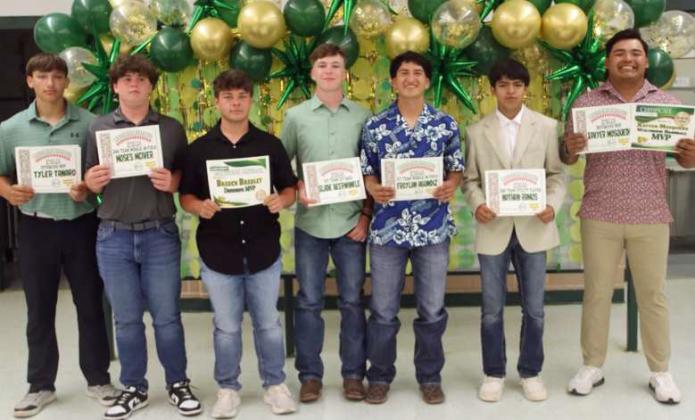 2023-2024 BASEBALLAWARDS - Tyler Tanaro, District Defensive MVP; Moses McIver, 2nd Team All-District middle infielder; Braden Bradley, Defensive MVP; Slade Beerwinkle, 1st Team All-District first baseman; 1st Team All-District middle infielder; Nathan Ramos, 2nd Team All-District Utility Player; Xavyer Mosqueda, District Defensive MVP, Team MVP. (Submitted Photo)