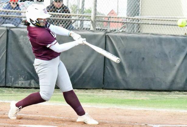 SOLO HOMERUN - Littlefield sophomore, Natalia Sanchez, hit a solo homerun to left field duing the top f the first inning of the Lady Cats seeding game against the Brownfield Lady Cubs at Lubbock High on Monday. The Lady cats fell in 12 innings, 3-2; will enter play-offs as three seed. (Staff Photo by Derek Lopez)