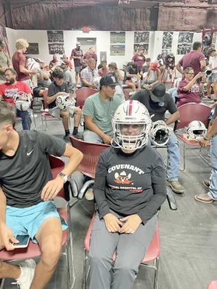 THE LITTLEFIELD WILDCATS’ varsity football team gathered Wednesday ngiht at the Weight Room for the third annual Helmets with Heros. Each kid chose a hero(s) to help them put their decals on their helmets for the upcoming 2023 football season. (Submitted Photo)